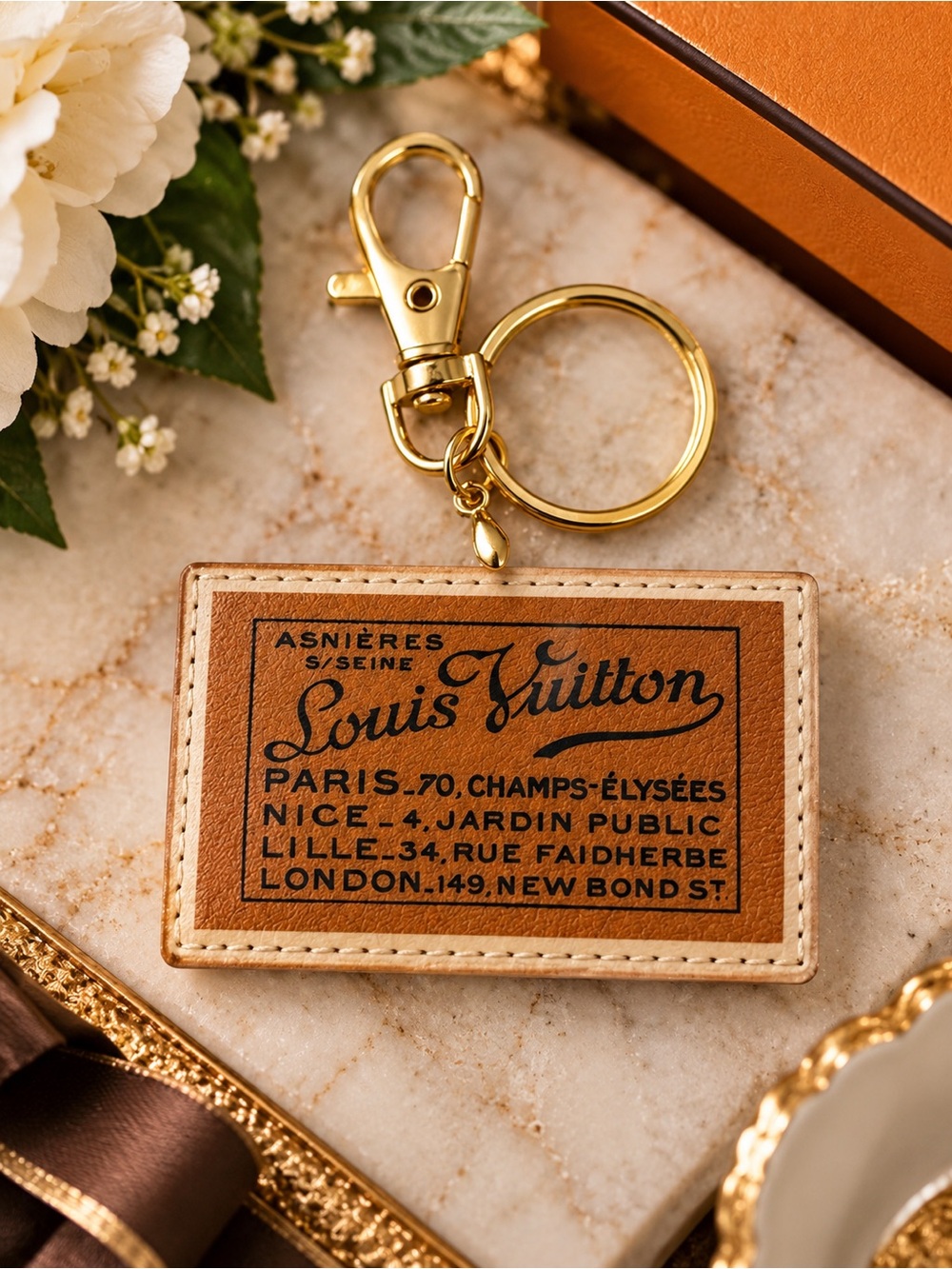 Handcrafted Brown Vintage Travel Tag Bag Charm Keychain | Gold Tone